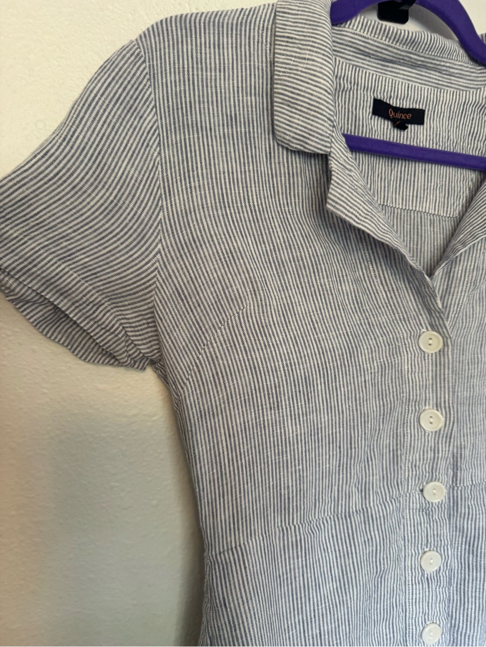 Quince 100% European Linen Button Front Dress Blue White Stripe XS EUC (No Belt) - Picture 4 of 6